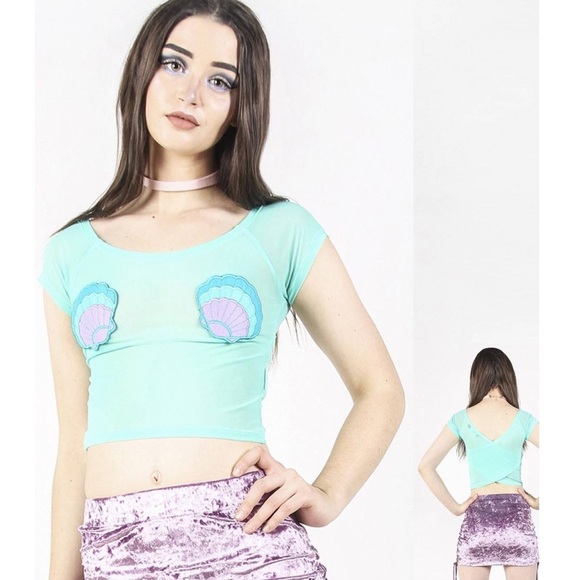 NEW! IRON FIST | MERMAID FOR LIFE | Mesh Crop Top Aqua Seashells Size MEDIUM - Picture 13 of 14